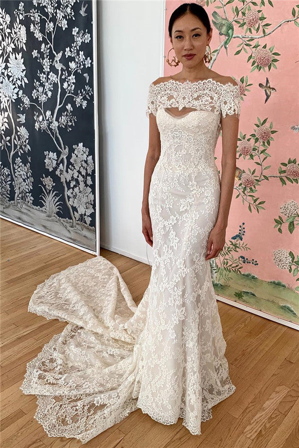 Off-the-shoulder Scoop Applique Mermaid Elegant Beach Wedding Dress