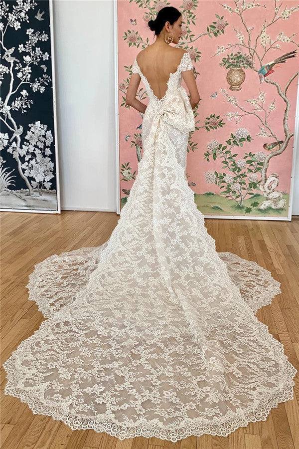 Off-the-shoulder Scoop Applique Mermaid Elegant Beach Wedding Dress