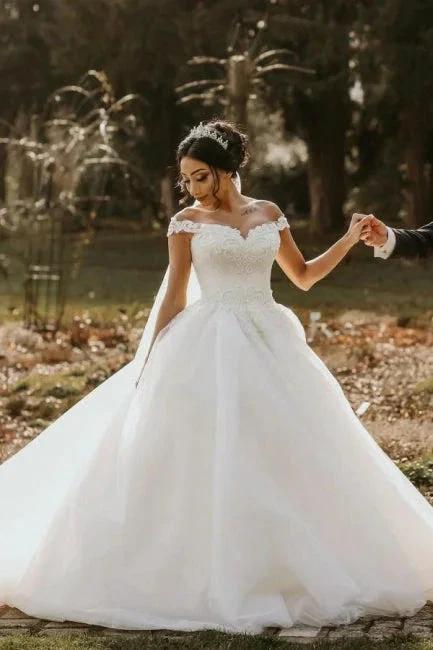 Off the shoulder White Garden Ball Gown Wedding Dress (ZD15700) - VelvetHem