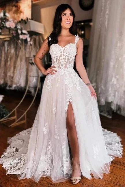Off the shoulder high split A-line Lace Wedding Dress (ZD15696) - VelvetHem