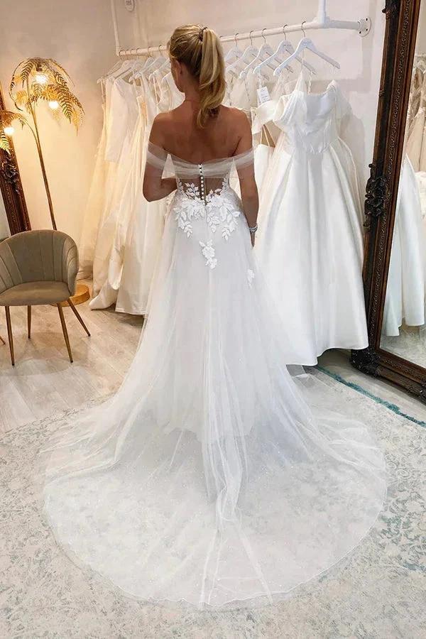 Off Shoulder Sweetheart Lace Appliques Modest Wedding Dress (ZD16156)