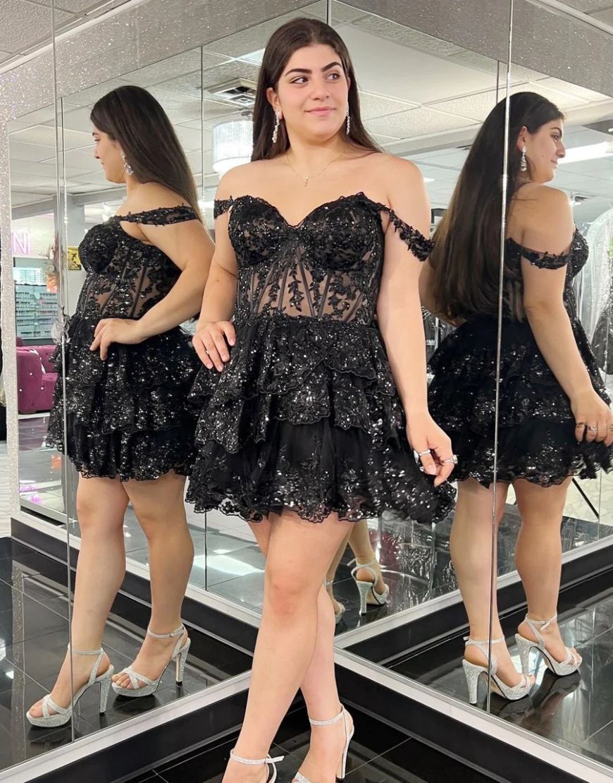 Dark Blue Off The Shoulder A-Line Tiered Short Party Dress - View 5 | VelvetHem