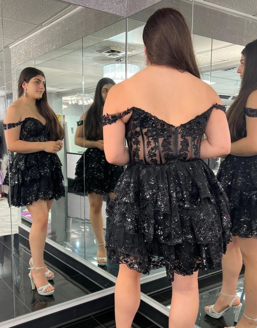 Dark Blue Off The Shoulder A-Line Tiered Short Party Dress - View 6 | VelvetHem