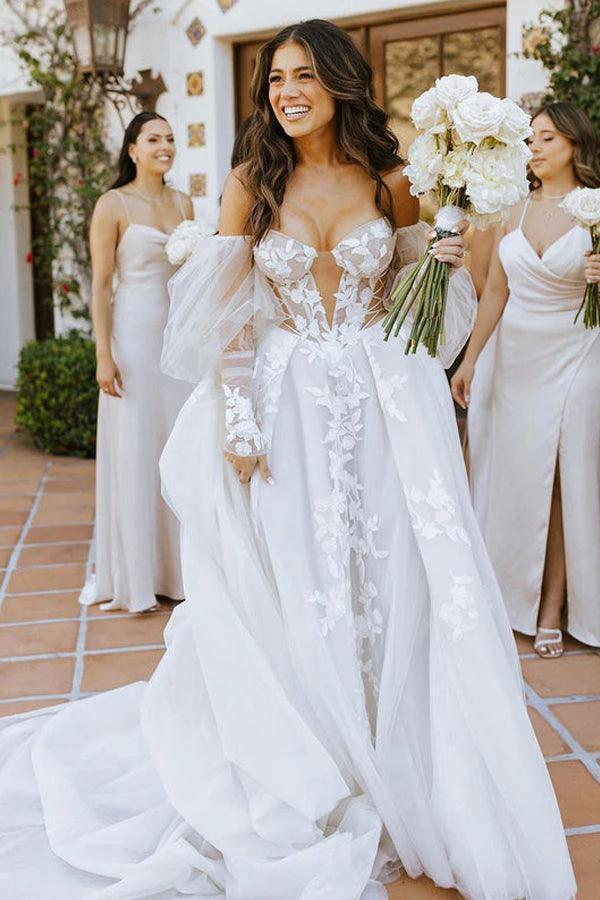 Off The Shoulder Long Sleeves Lace Appliques Bohemian Wedding Dress (ZD16194)