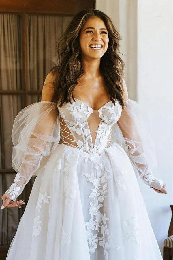 Off The Shoulder Long Sleeves Lace Appliques Bohemian Wedding Dress (ZD16194)