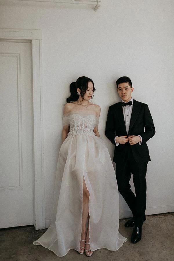 Off The Shoulder Satin Lace Split Wedding Dress With Long Veil WD604 by pgmdress