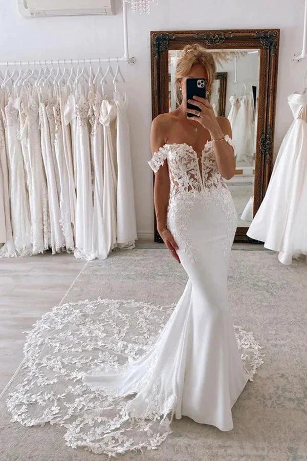 Off the Shoulder Mermaid Bridal Gown with Scalloped Lace Train Wedding Dress (ZD16178) - VelvetHem