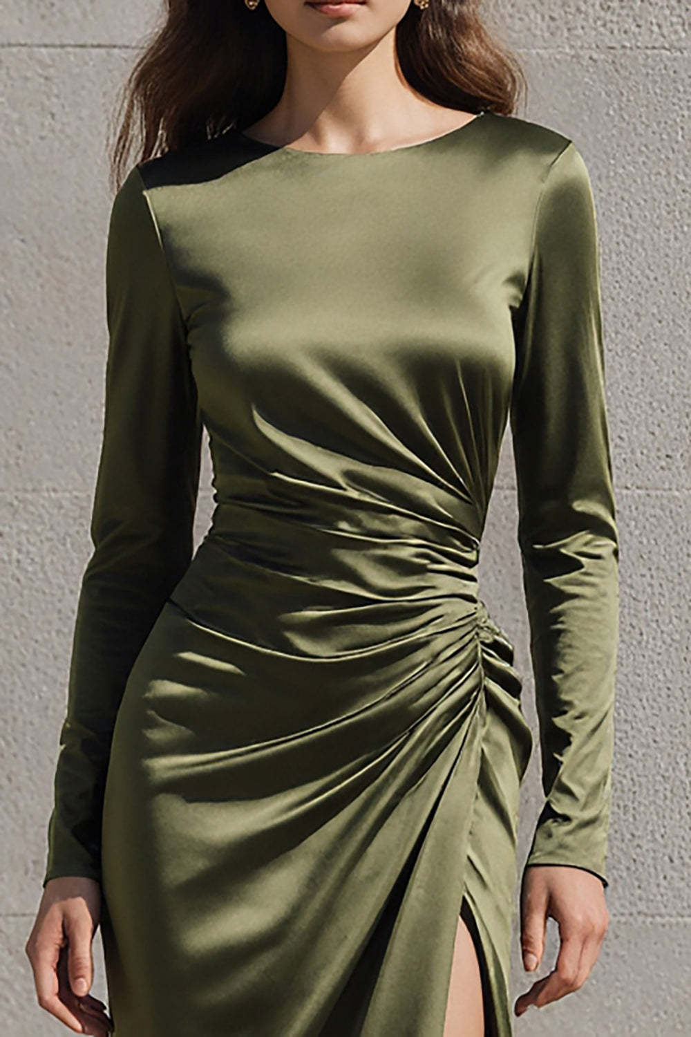 Suzhoufashion Olive Mermaid Boat Neck Satin Ruched Long Sleeves Evening Dress With Slit