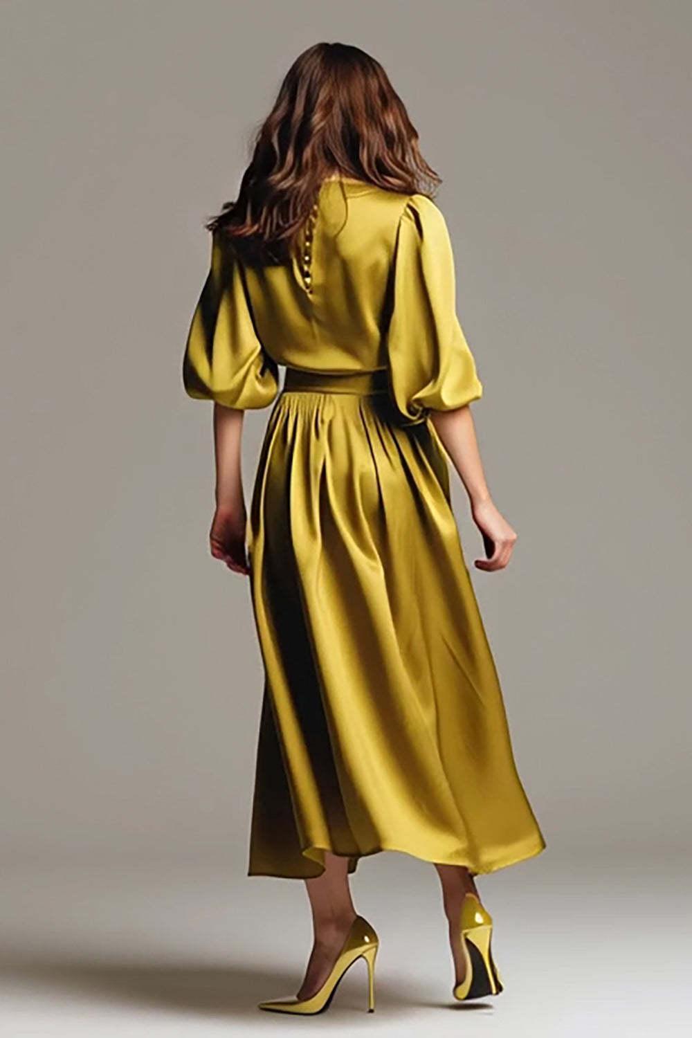 Suzhoufashion Olive Satin A-Line Long Evening Dress With Sleeves