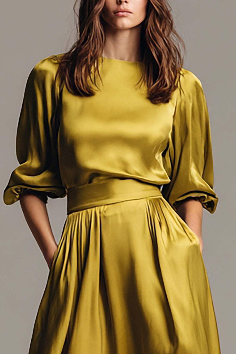 Suzhoufashion Olive Satin A-Line Long Evening Dress With Sleeves