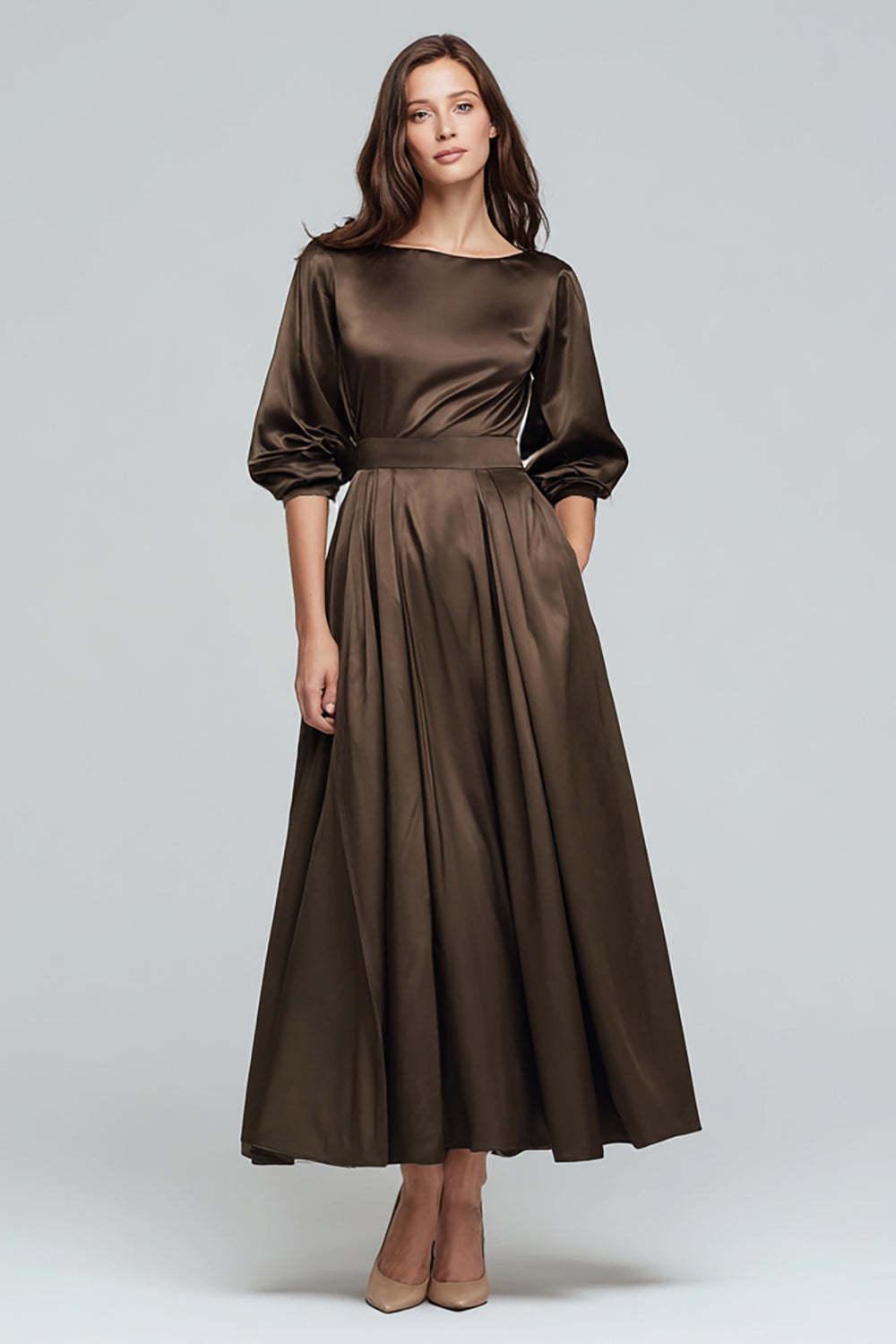 Suzhoufashion Olive Satin A-Line Long Evening Dress With Sleeves