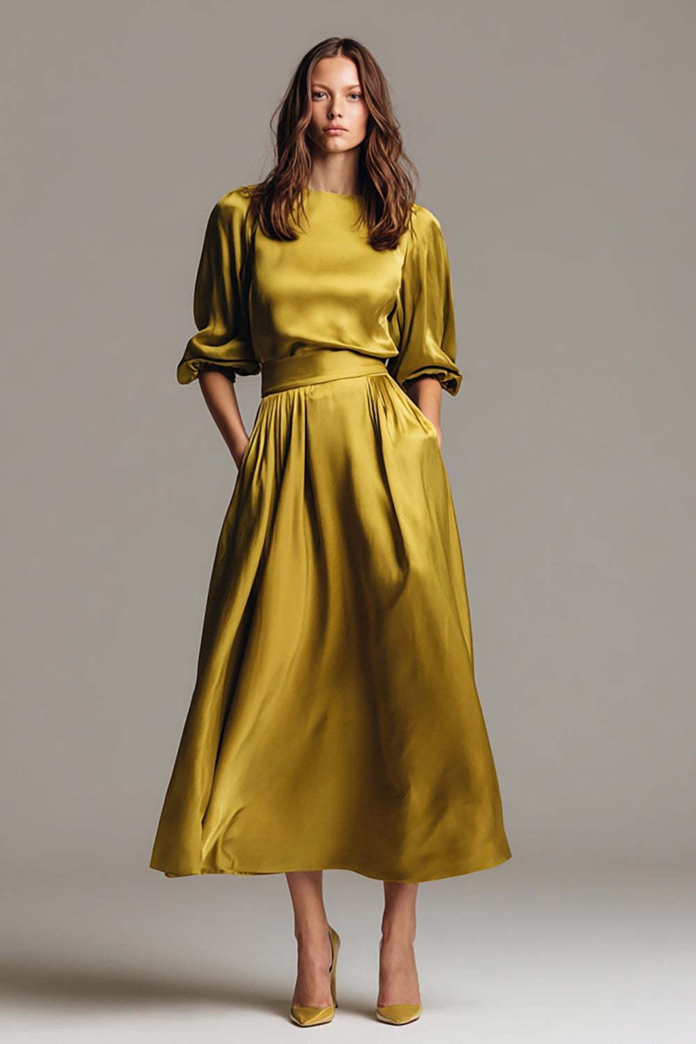 Suzhoufashion Olive Satin A-Line Long Evening Dress With Sleeves