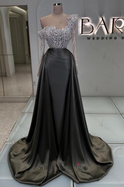 Olive Square Neck Prom Dress A Line Panel Train Satin Formal Dress With Pearls
