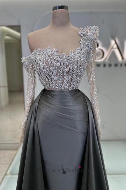 Olive Square Neck Prom Dress A Line Panel Train Satin Formal Dress With Pearls