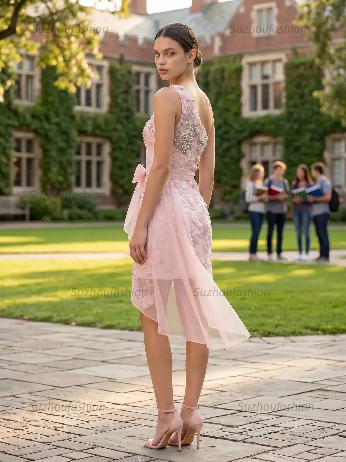 Suzhoufashion One-Shoulder 3D Floral Mini Dress with Tulle Sash Homecoming Dresses