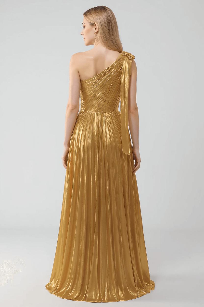 One Shoulder A-Line Golden Metallic Pleated Formal Dress