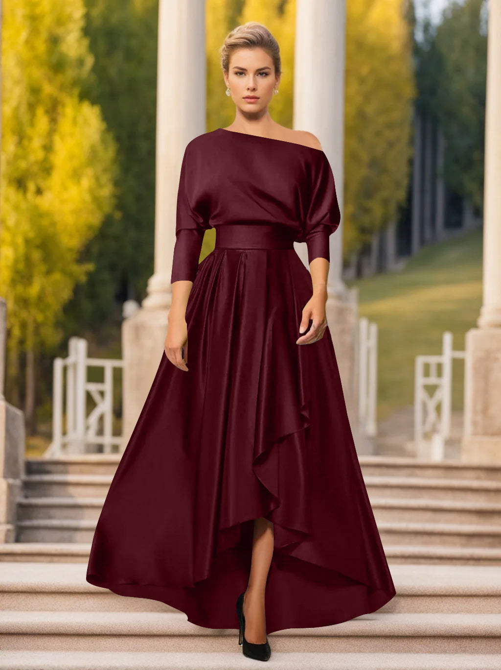 One Shoulder A Line Dress with 3/4 Sleeves for Mothers of the Bride & Groom