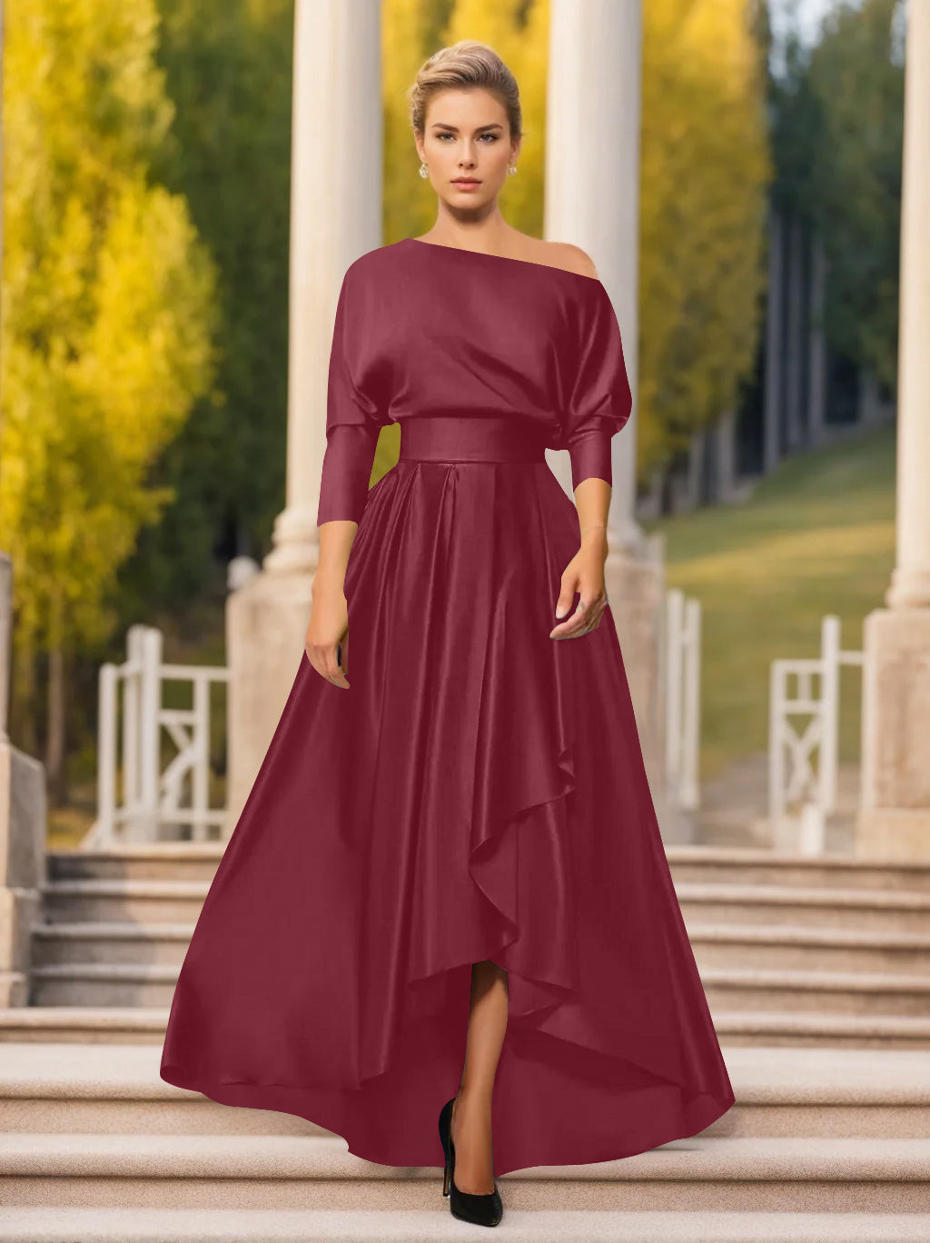 One Shoulder A Line Dress with 3/4 Sleeves for Mothers of the Bride & Groom