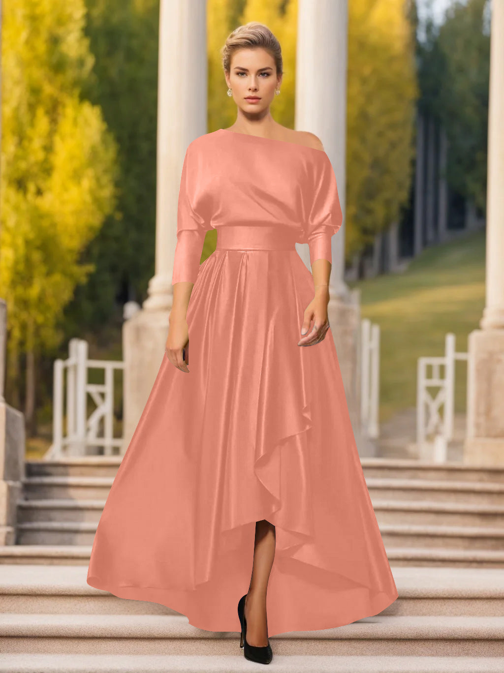 One Shoulder A Line Dress with 3/4 Sleeves for Mothers of the Bride & Groom