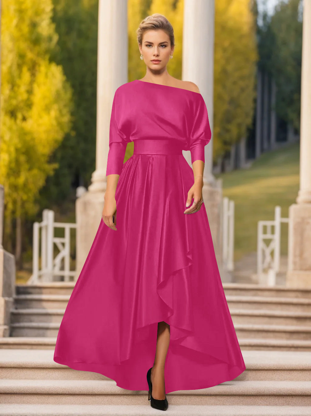 One Shoulder A Line Dress with 3/4 Sleeves for Mothers of the Bride & Groom