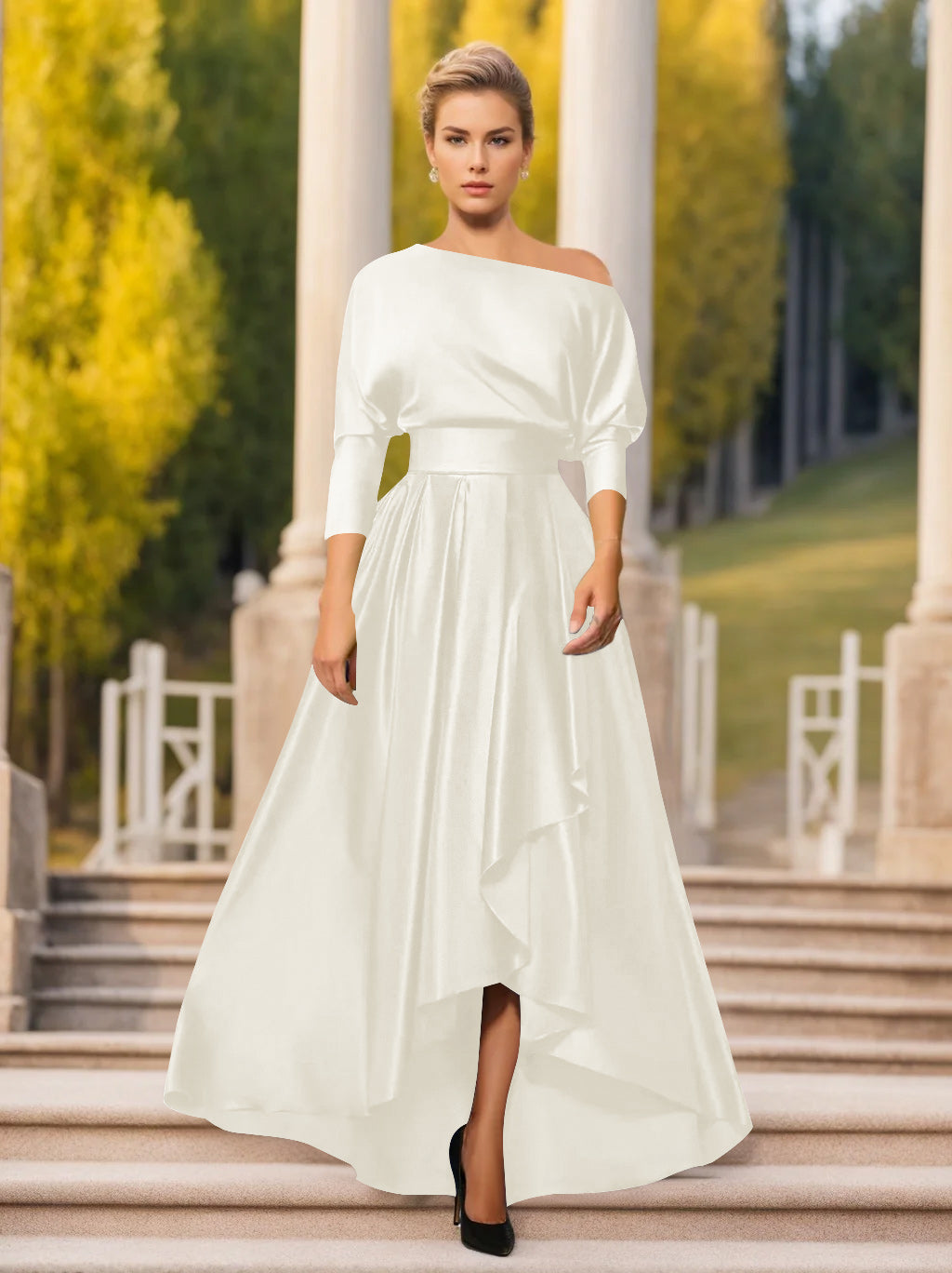 One Shoulder A Line Dress with 3/4 Sleeves for Mothers of the Bride & Groom