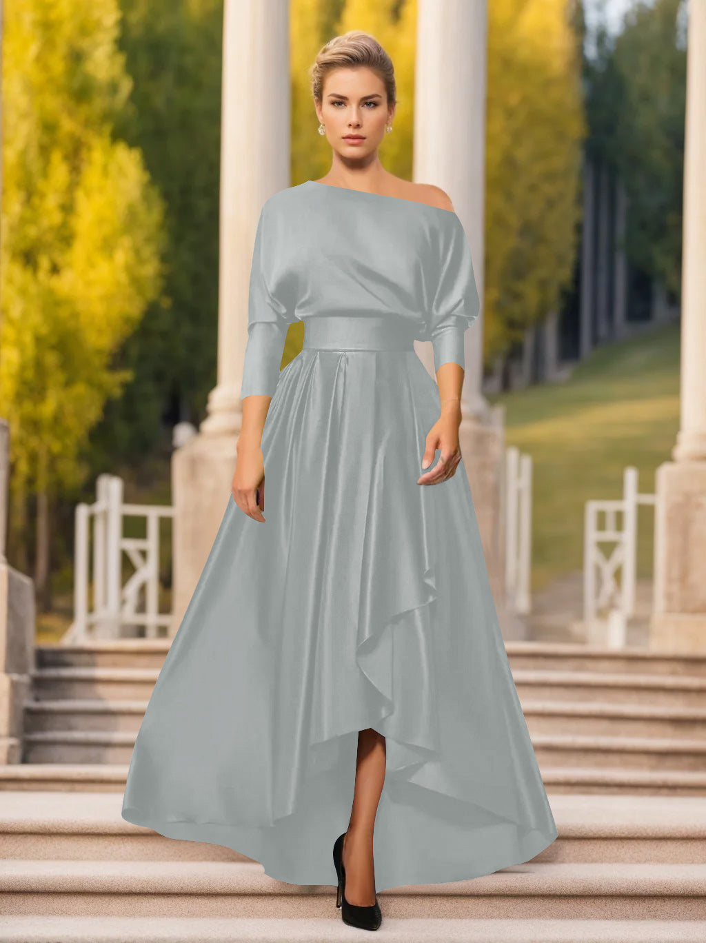 One Shoulder A Line Dress with 3/4 Sleeves for Mothers of the Bride & Groom