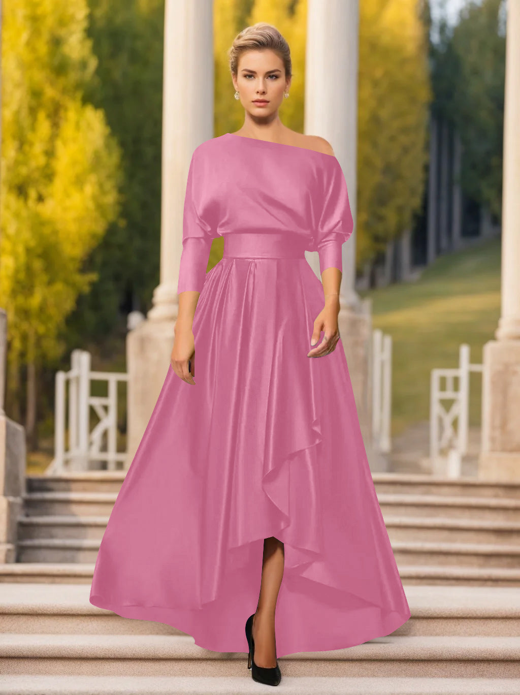 One Shoulder A Line Dress with 3/4 Sleeves for Mothers of the Bride & Groom