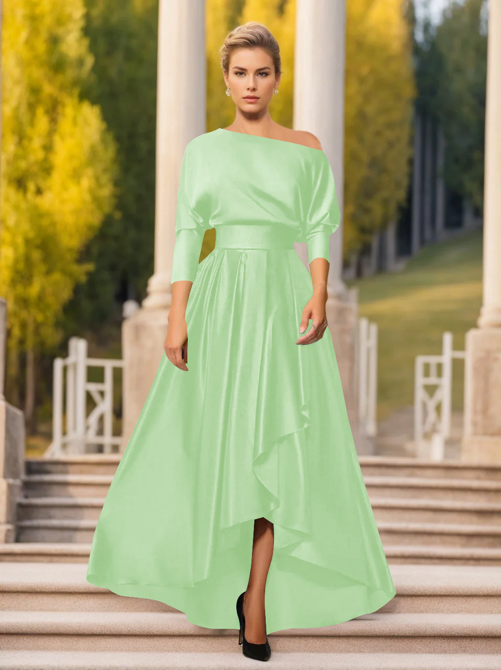 One Shoulder A Line Dress with 3/4 Sleeves for Mothers of the Bride & Groom