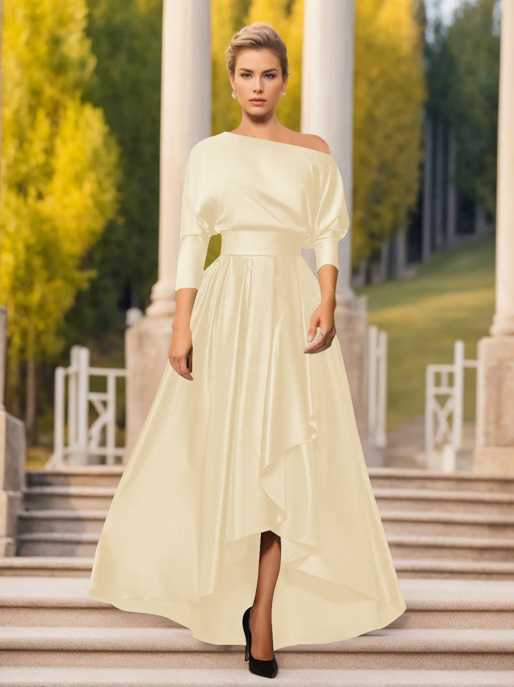 One Shoulder A Line Dress with 3/4 Sleeves for Mothers of the Bride & Groom
