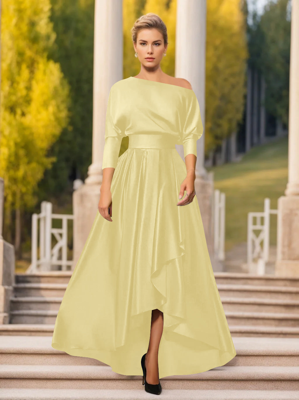 One Shoulder A Line Dress with 3/4 Sleeves for Mothers of the Bride & Groom