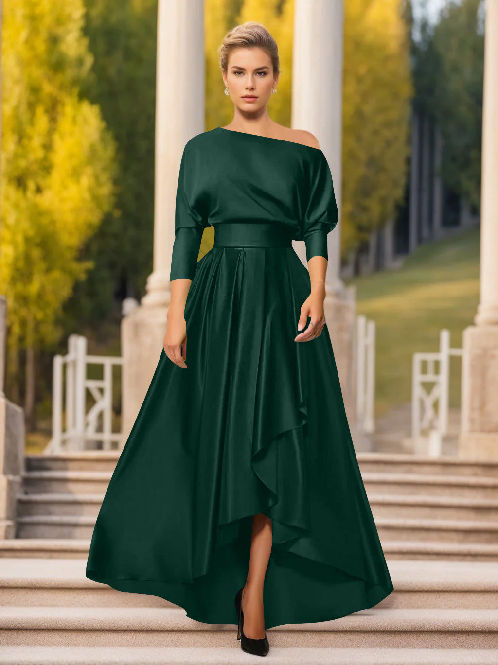 One Shoulder A Line Dress with 3/4 Sleeves for Mothers of the Bride & Groom