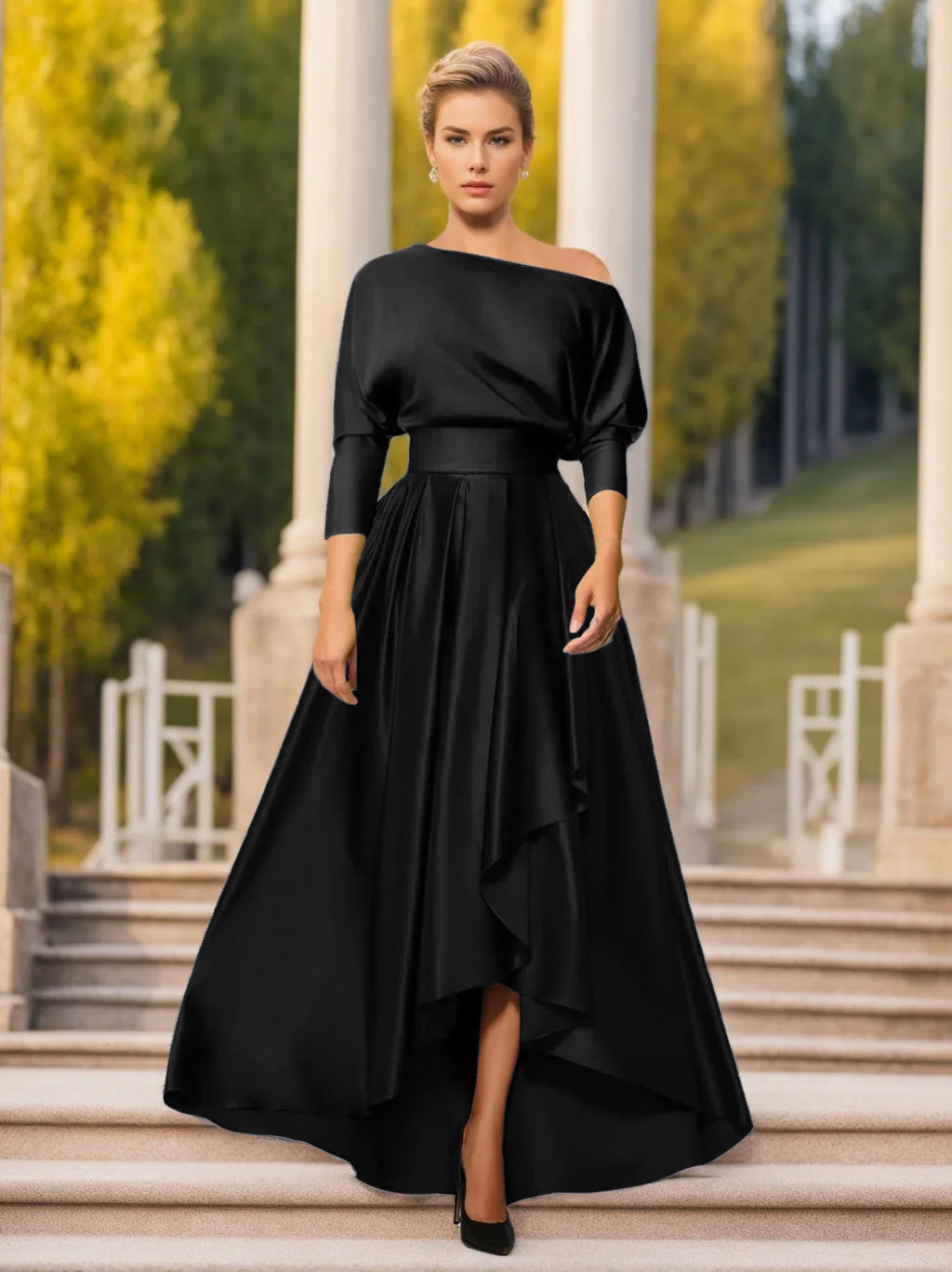 One Shoulder A Line Dress with 3/4 Sleeves for Mothers of the Bride & Groom