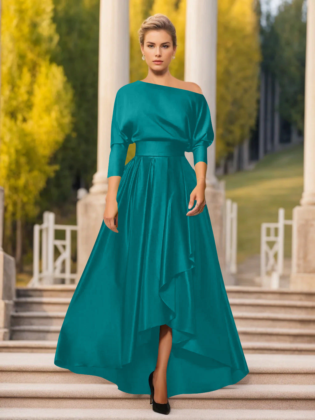 One Shoulder A Line Dress with 3/4 Sleeves for Mothers of the Bride & Groom
