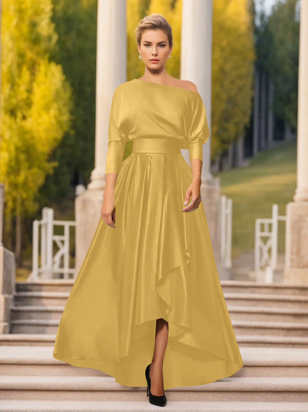 One Shoulder A Line Dress with 3/4 Sleeves for Mothers of the Bride & Groom