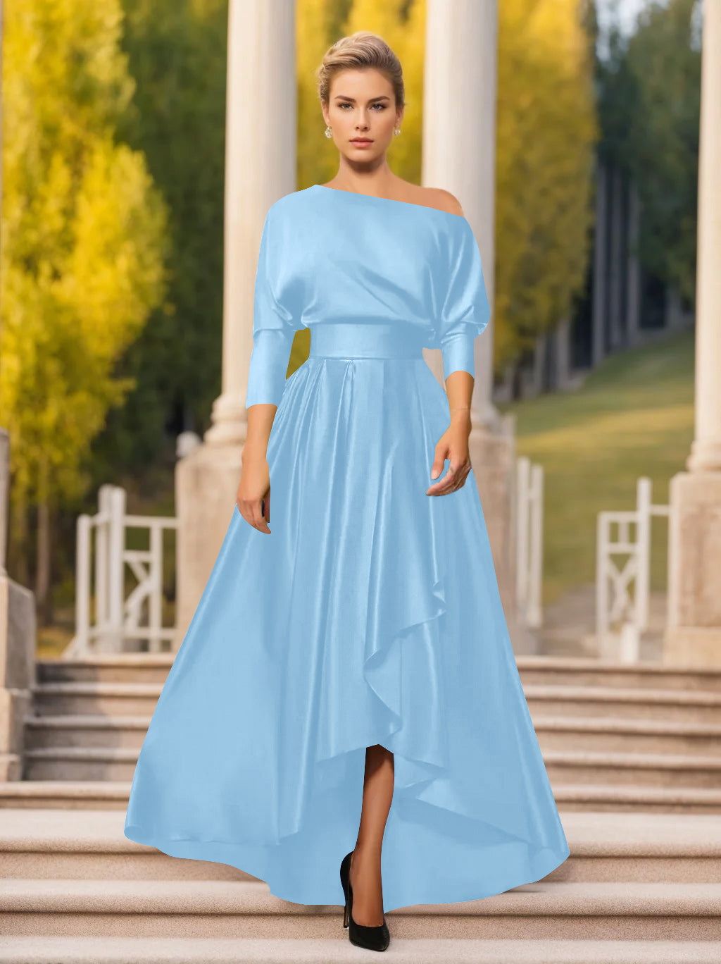 One Shoulder A Line Dress with 3/4 Sleeves for Mothers of the Bride & Groom