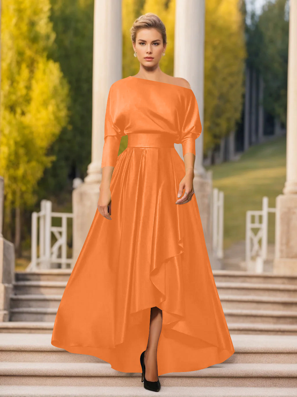 One Shoulder A Line Dress with 3/4 Sleeves for Mothers of the Bride & Groom