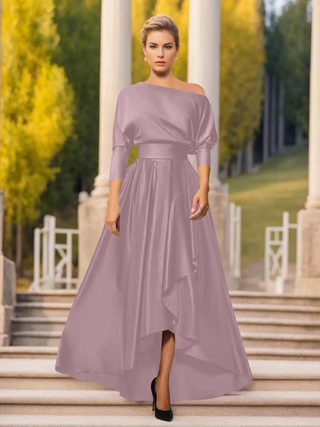 One Shoulder A Line Dress with 3/4 Sleeves for Mothers of the Bride & Groom