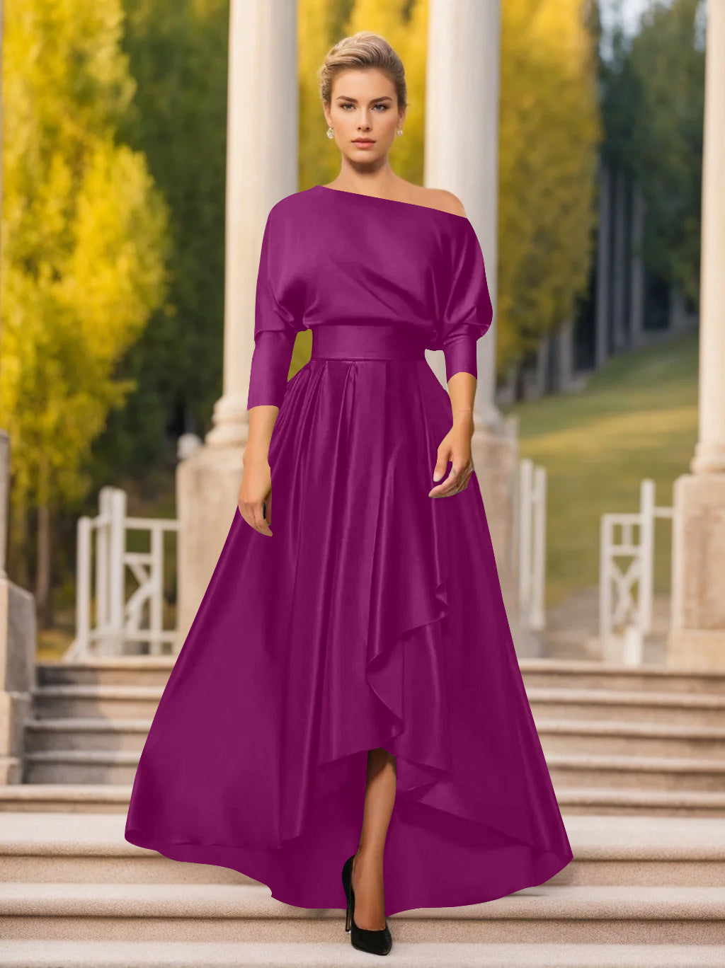 One Shoulder A Line Dress with 3/4 Sleeves for Mothers of the Bride & Groom