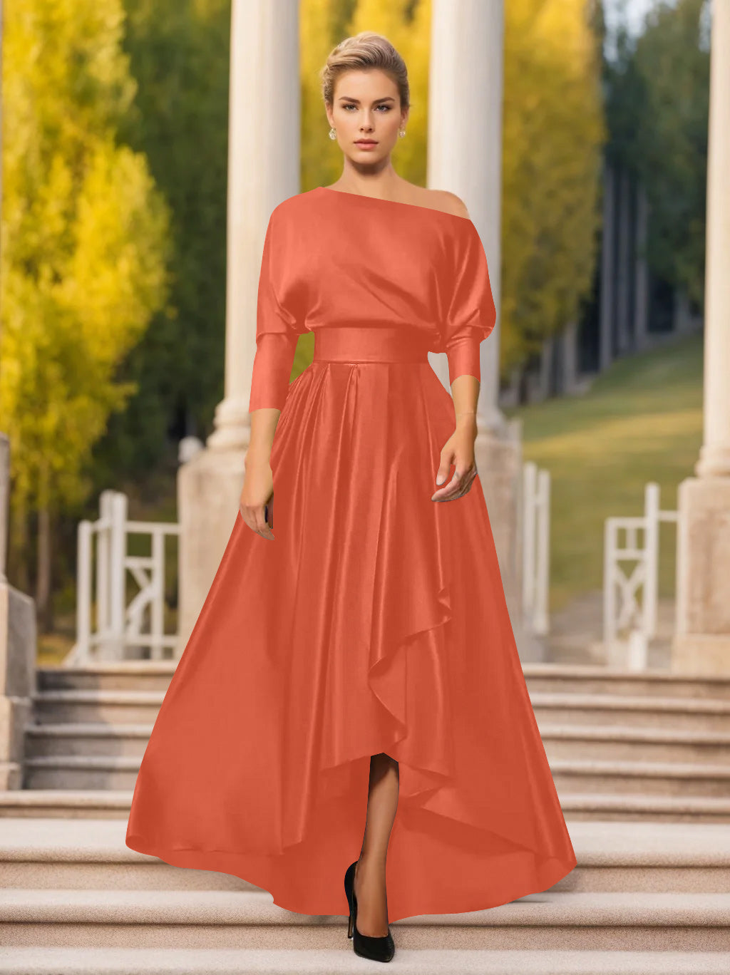 One Shoulder A Line Dress with 3/4 Sleeves for Mothers of the Bride & Groom
