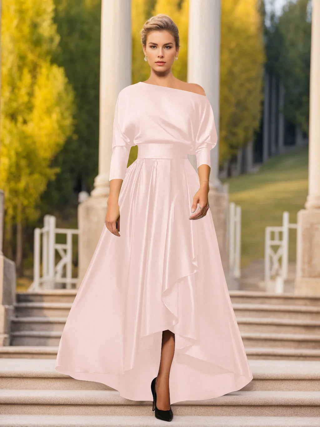 One Shoulder A Line Dress with 3/4 Sleeves for Mothers of the Bride & Groom