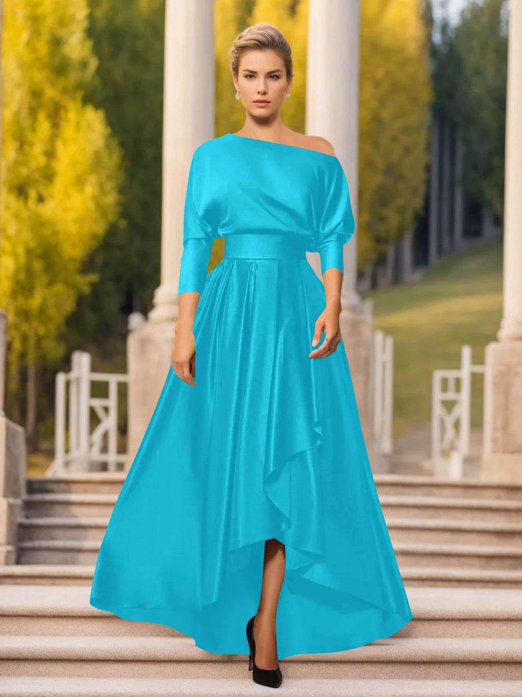 One Shoulder A Line Dress with 3/4 Sleeves for Mothers of the Bride & Groom