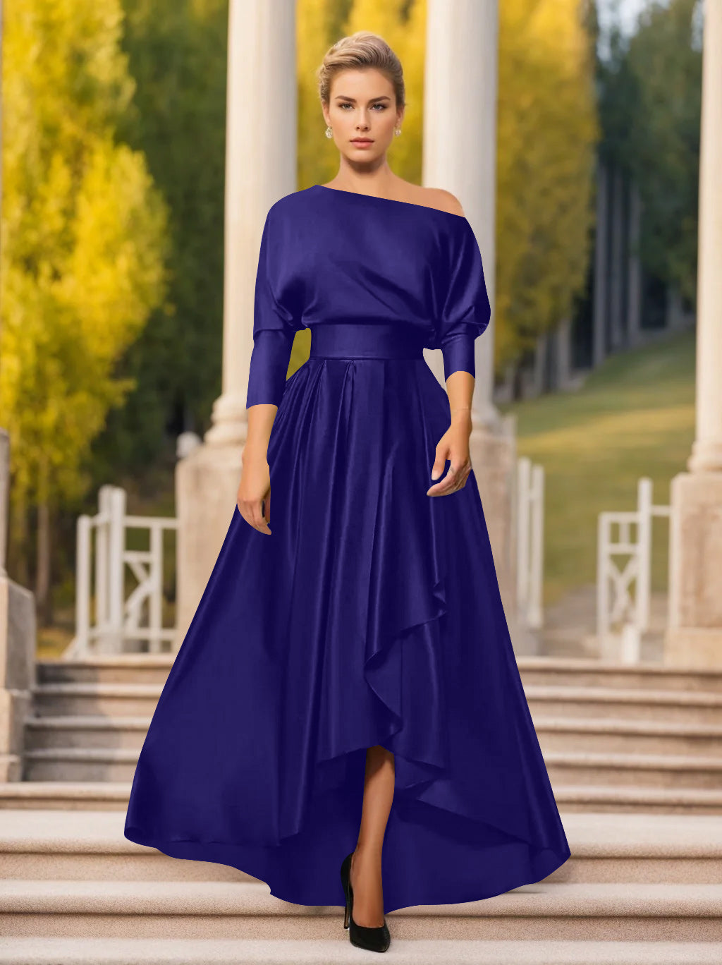 One Shoulder A Line Dress with 3/4 Sleeves for Mothers of the Bride & Groom