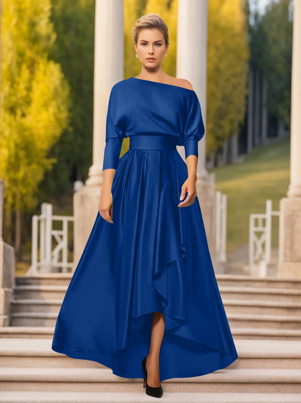 One Shoulder A Line Dress with 3/4 Sleeves for Mothers of the Bride & Groom