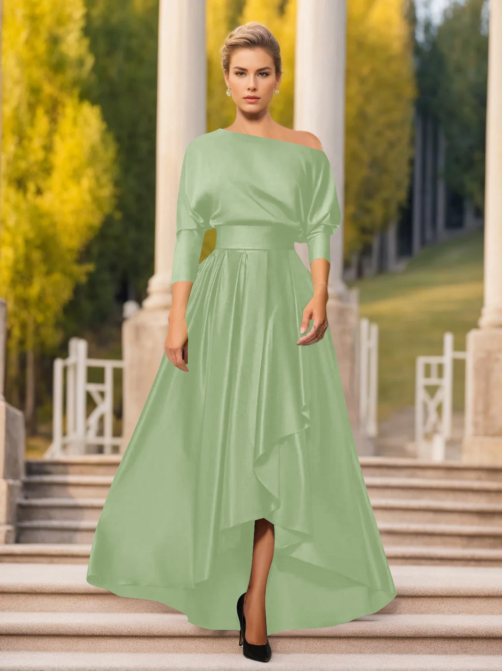 One Shoulder A Line Dress with 3/4 Sleeves for Mothers of the Bride & Groom