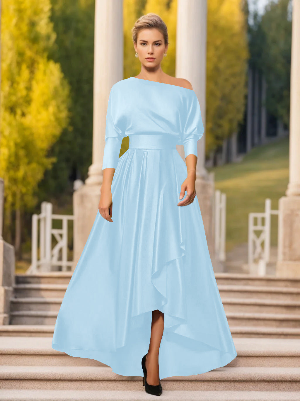One Shoulder A Line Dress with 3/4 Sleeves for Mothers of the Bride & Groom