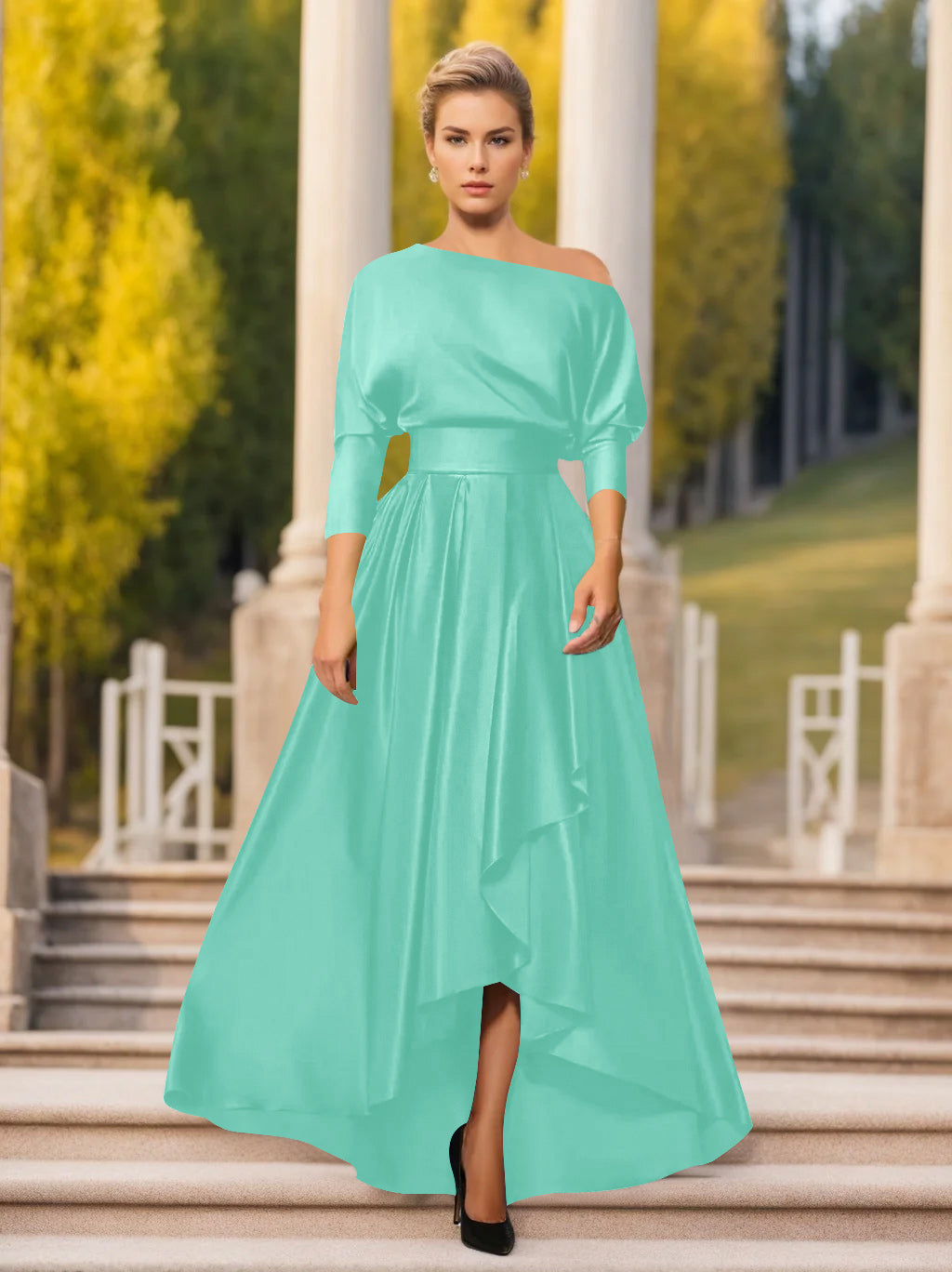 One Shoulder A Line Dress with 3/4 Sleeves for Mothers of the Bride & Groom
