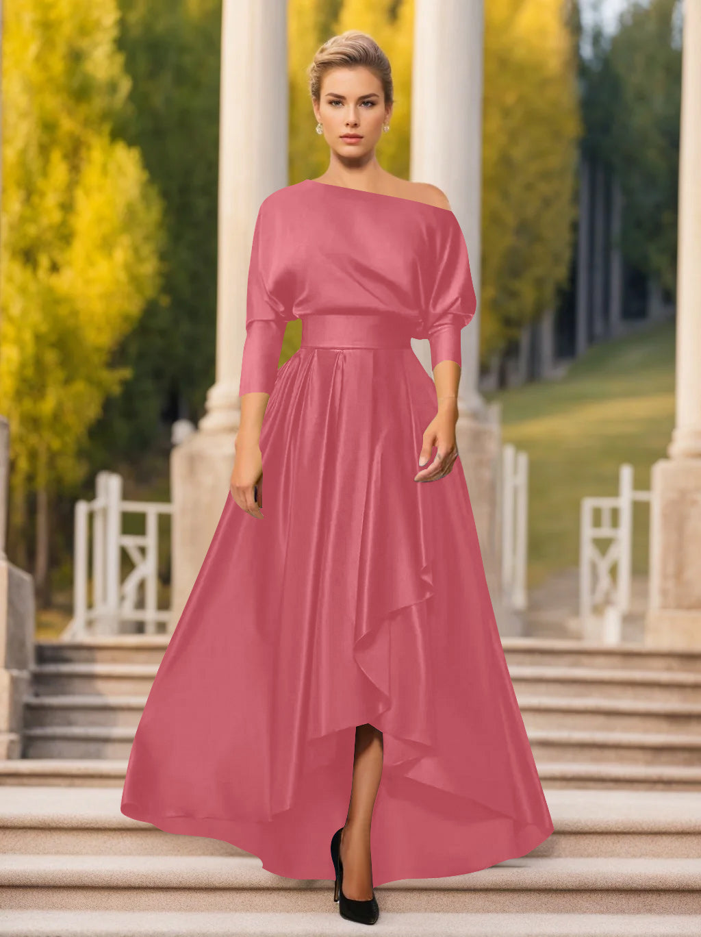One Shoulder A Line Dress with 3/4 Sleeves for Mothers of the Bride & Groom