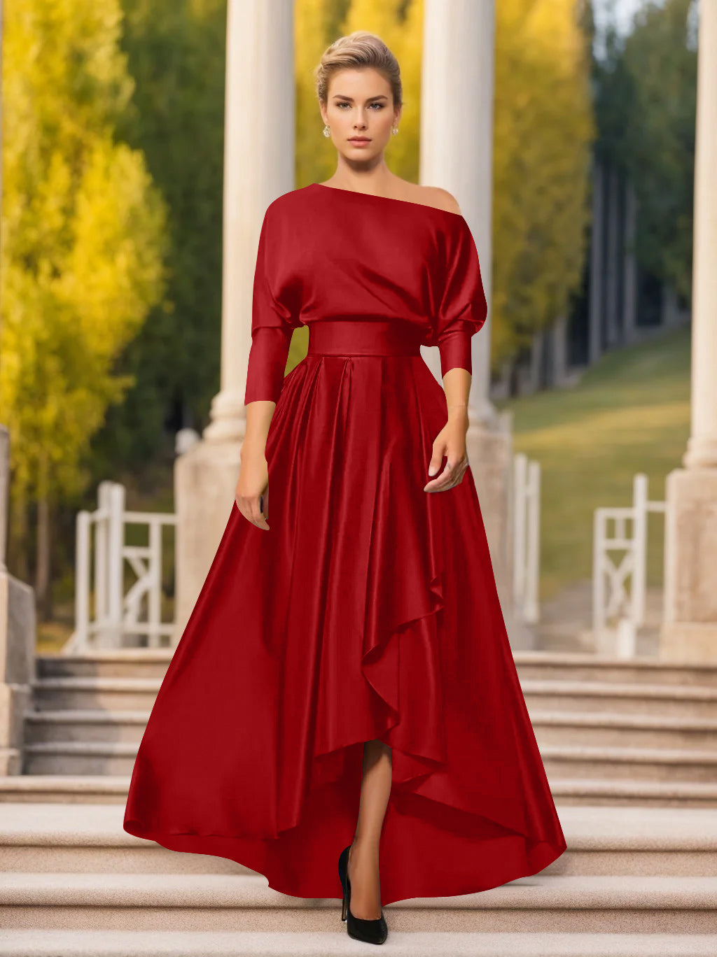 One Shoulder A Line Dress with 3/4 Sleeves for Mothers of the Bride & Groom