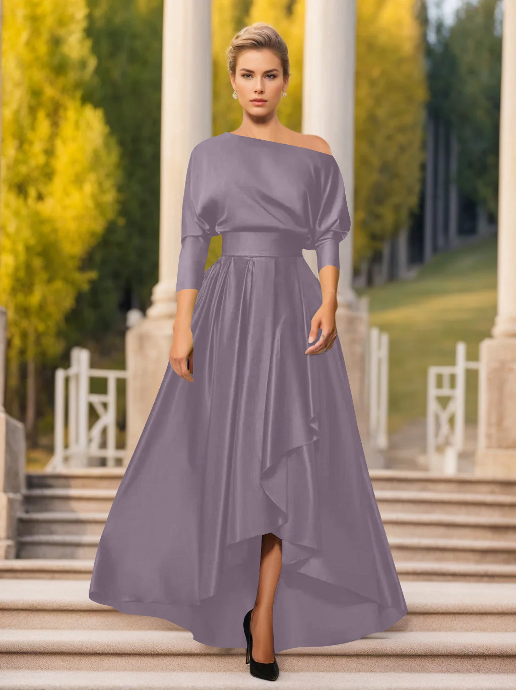 One Shoulder A Line Dress with 3/4 Sleeves for Mothers of the Bride & Groom