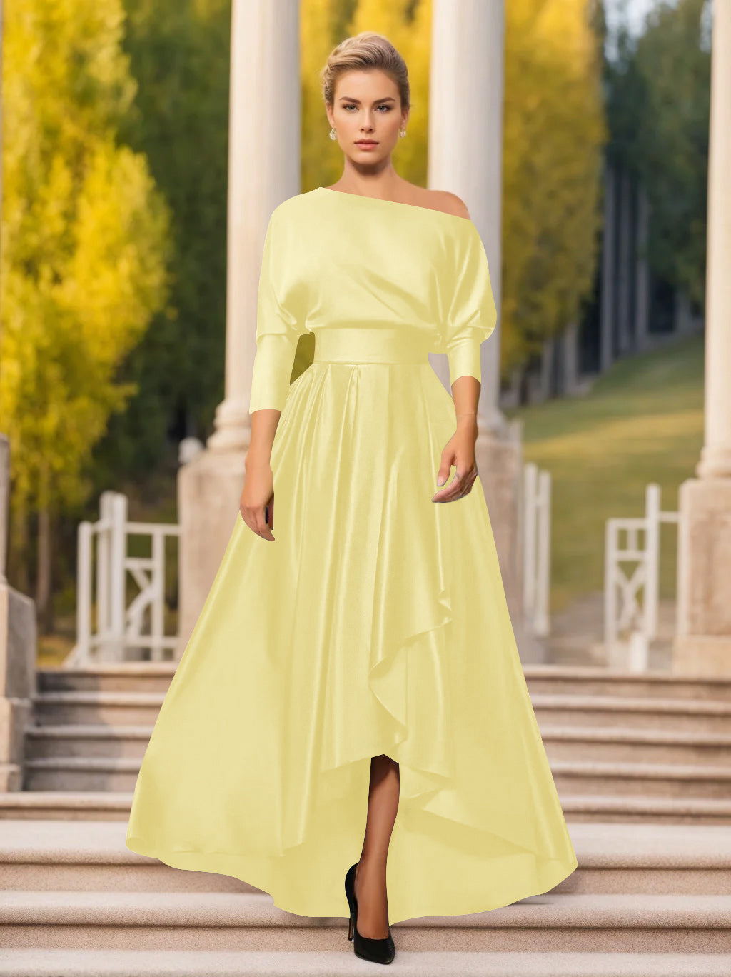 One Shoulder A Line Dress with 3/4 Sleeves for Mothers of the Bride & Groom